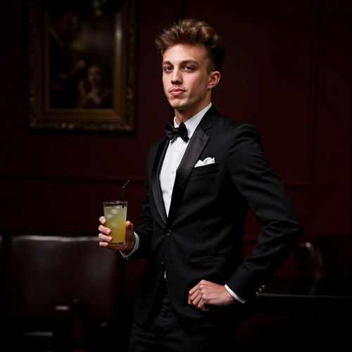 Showcase image for Cocktail Lounge Chic - Prompt: a photo of me MAN in a sophisticated outfit at an upscale cocktail lounge, medium shot, holding an elegant drink, dim, moody lighting. MAN looking chic and refined.