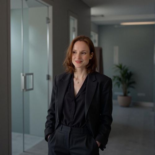 Showcase image for Modern Crime Boss - Prompt: a photo of me WOMAN as a modern crime boss, medium shot, wearing an expensive, tailored contemporary suit, in a sleek, minimalist office. WOMAN looking sophisticated and ruthless.