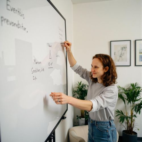 Showcase image for Startup Hustle - Prompt: a photo of me WOMAN in a creative office space, brainstorming at a whiteboard, medium shot. WOMAN looking innovative.