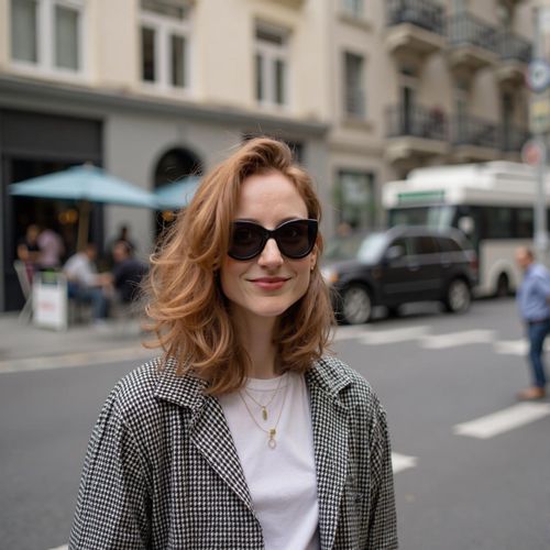 Showcase image for Candid Street Style - Prompt: a photo of me WOMAN as a celebrity spotted in candid street style, medium shot, wearing oversized sunglasses and a fashionable casual outfit, city street background. WOMAN looking effortlessly cool.