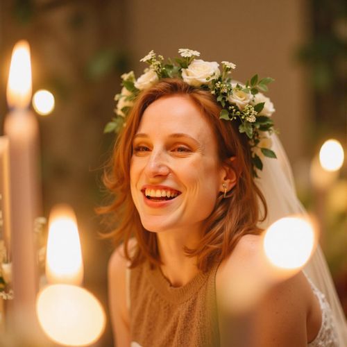 Showcase image for Joyful Celebration - Prompt: a photo of me WOMAN on their wedding day, medium shot, with a radiant, joyful smile, surrounded by soft, celebratory lights (blurred). WOMAN looking ecstatic.