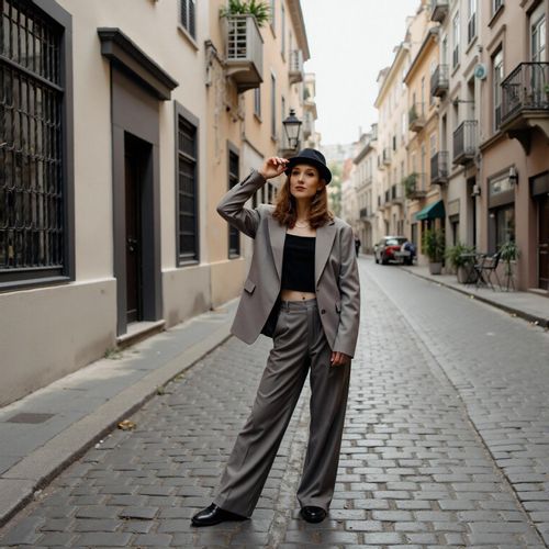 Showcase image for Soho Chic - Prompt: a photo of me WOMAN in a fashionable outfit on a cobblestone street, half body shot, classic downtown vibe. WOMAN looking artistic and stylish.