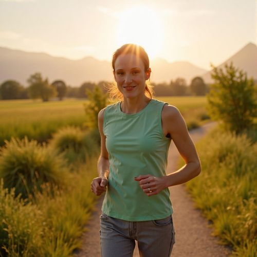 Showcase image for Outdoor Fitness - Prompt: a photo of me WOMAN jogging on a scenic trail at sunrise, medium shot, beautiful natural light. WOMAN looking refreshed and active.