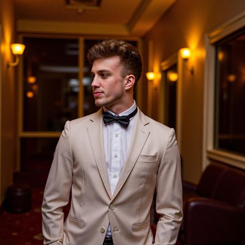 Showcase image for VIP Party Vibe - Prompt: a photo of me MAN dressed in their most glamorous attire for a VIP party, medium shot, with a background of opulent decor (blurred). MAN looking like a star.