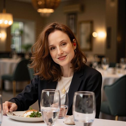 a photo of me WOMAN at a Michelin-starred restaurant, medium shot, elegant ambiance. WOMAN with a sophisticated expression.