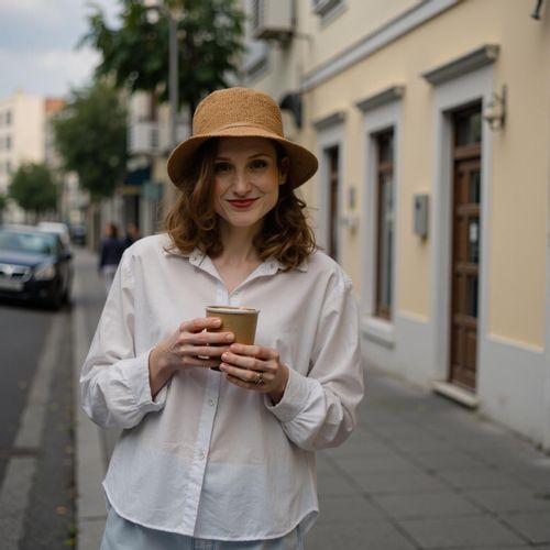 Showcase image for Coffee Run - Prompt: a photo of me WOMAN holding a coffee cup, medium close-up shot, walking down the street with a smile. WOMAN looking casual yet chic.