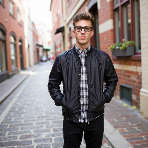 Showcase image for Soho Chic - Prompt: a photo of me MAN in a fashionable outfit on a cobblestone street, half body shot, classic downtown vibe. MAN looking artistic and stylish.