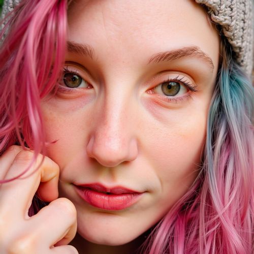 a photo of me WOMAN with vibrant, unnaturally colored hair and large expressive eyes, close-up. WOMAN looking like an anime protagonist.