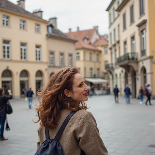 Showcase image for Iconic Destinations - Prompt: a photo of me WOMAN in a classic European city, half body shot, with historic architecture in the background. WOMAN looking curious and happy.