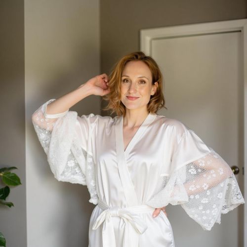 Showcase image for Bridal Bliss - Prompt: a photo of me WOMAN in a white silk and lace bridal robe, half body shot, getting ready moments. WOMAN looking excited and happy.