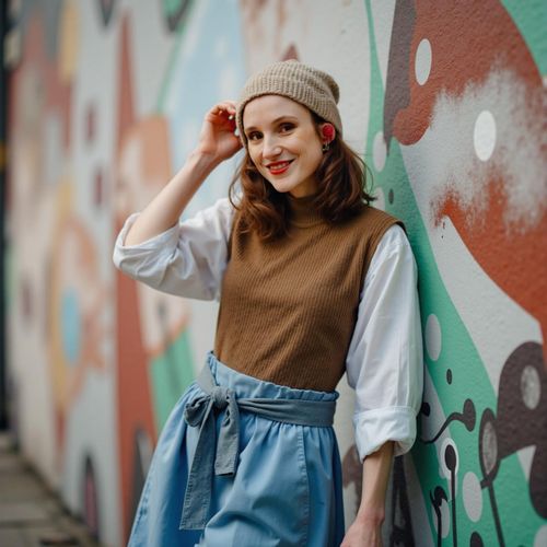 Showcase image for Urban Love Story - Prompt: a photo of me WOMAN in fashionable urban attire, medium shot, for a pre-wedding shoot against a cool city mural (blurred). WOMAN looking stylish and happy.