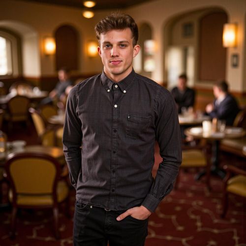 Showcase image for Date Night - Prompt: a photo of me MAN at a nice restaurant, half body shot, smart casual attire, warm lighting. MAN looking engagingly at the camera.