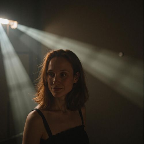 a photo of me WOMAN in a smoky room, the light filtering through in beams, half body shot. WOMAN looking contemplative.