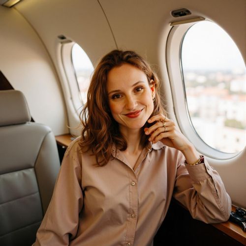 a photo of me WOMAN inside a luxurious private jet, half body shot, looking out the window with a contemplative smile. WOMAN exuding effortless success.