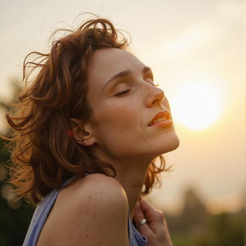 Showcase image for Nature Connection - Prompt: a photo of me WOMAN with their face turned towards the sun, eyes closed, half body shot. WOMAN absorbing the light.