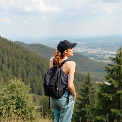 a photo of me WOMAN hiking to a scenic viewpoint, half body shot, activewear, looking accomplished. WOMAN taking in the view.