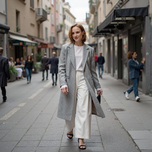 Showcase image for Urban Explorer - Prompt: a photo of me WOMAN in a stylish outfit, half body shot, walking through a bustling city street. WOMAN looking confident and purposeful.