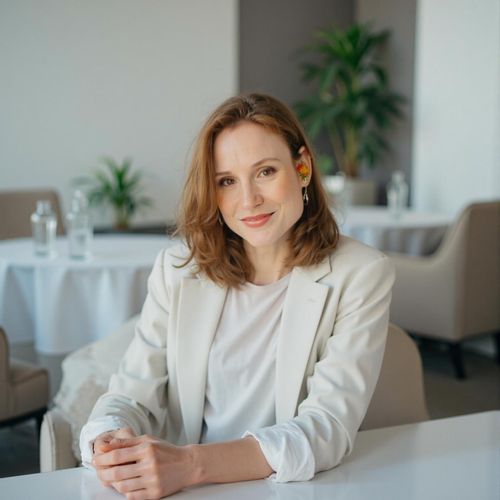 Showcase image for Meeting Ready - Prompt: a photo of me WOMAN seated at a conference table in a modern meeting room, medium shot, looking attentive. WOMAN making professional eye contact.