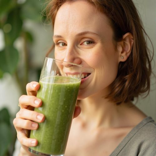 Showcase image for Healthy Lifestyle - Prompt: a photo of me WOMAN drinking a healthy green smoothie, close-up, looking vibrant and healthy. WOMAN with a happy smile.