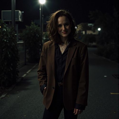 Showcase image for Nightlife - Prompt: a photo of me WOMAN in an edgy, dark outfit, medium shot, against a gritty urban night scene with streetlights. WOMAN looking mysterious and cool.