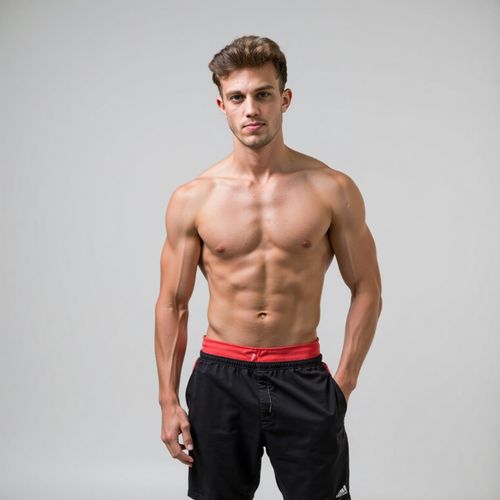 a photo of me MAN in high-end athletic wear, half body shot, clean, minimalist background, looking like a fitness model. MAN with a confident posture.