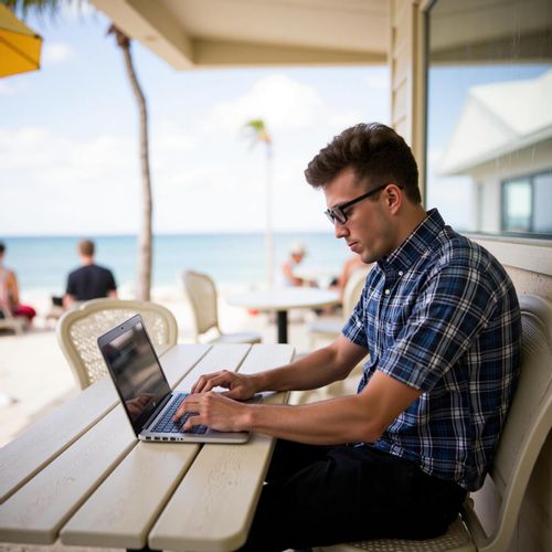 Showcase image for Remote Work Lifestyle - Prompt: a photo of me MAN working on a laptop at a beachside cafe, half body shot, looking focused but relaxed. MAN living the dream.