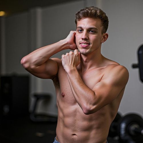 Showcase image for Fitness Fanatic - Prompt: a photo of me MAN looking energized post-workout at the gym, medium shot, looking accomplished. MAN wiping sweat, looking accomplished.