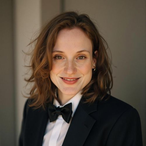 Showcase image for Groom's Portrait - Prompt: a photo of me WOMAN as a dapper groom in a sharp tuxedo, classic medium close-up, looking confidently at the camera. WOMAN with a sophisticated smile.