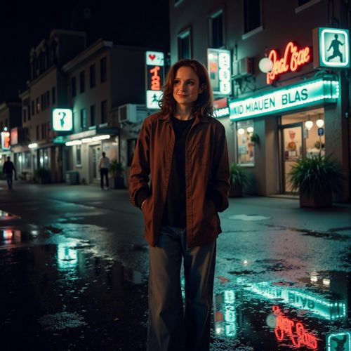 a photo of me WOMAN on a wet street at night, the reflections of neon signs in the puddles. medium shot. WOMAN looking lost in thought.