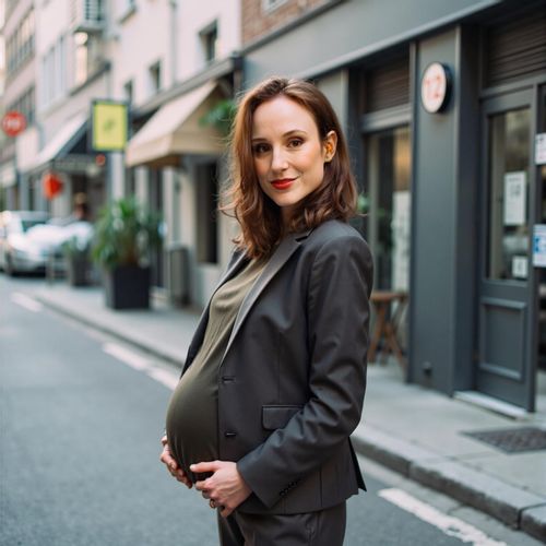 Showcase image for Urban Maternity - Prompt: a photo of me WOMAN, pregnant, in a stylish, form-fitting outfit, half body shot, on a cool city street. she looks confident and modern.