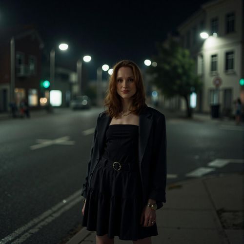 a photo of me WOMAN in an edgy, dark outfit, medium shot, against a gritty urban night scene with streetlights. WOMAN looking mysterious and cool.