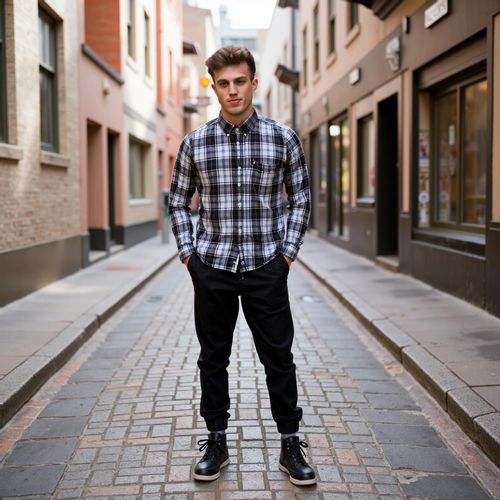 Showcase image for Soho Chic - Prompt: a photo of me MAN in a fashionable outfit on a cobblestone street, half body shot, classic downtown vibe. MAN looking artistic and stylish.