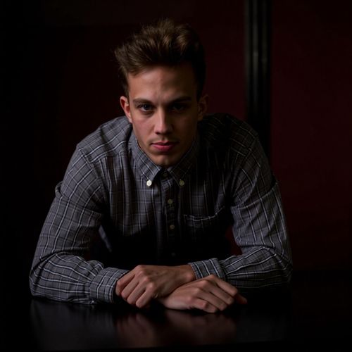 a photo of me MAN in a dimly lit backroom, medium shot, leaning over a table as if in a secret negotiation, film noir style. MAN with a serious, calculating expression.