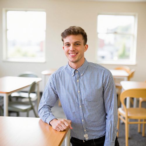 Showcase image for Collaborative Space - Prompt: a photo of me MAN in a bright, open-plan office, medium shot, leaning against a communal table. MAN looking friendly and collaborative.