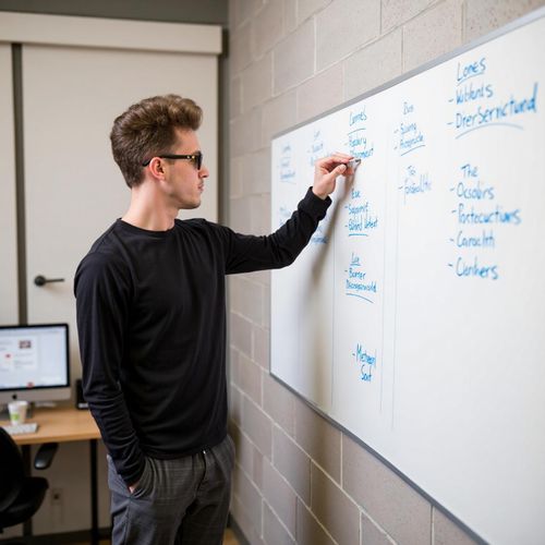 Showcase image for Startup Hustle - Prompt: a photo of me MAN in a creative office space, brainstorming at a whiteboard, medium shot. MAN looking innovative.