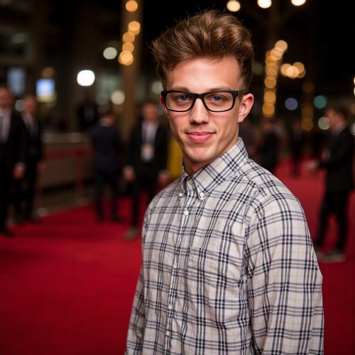 a photo of me MAN on a red carpet, half body shot, flash photography effect, looking glamorous. MAN as a celebrity.