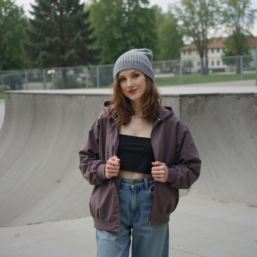 Showcase image for Skater Style - Prompt: a photo of me WOMAN in skater-style clothing (e.g. hoodie, beanie), half body shot, at a skatepark. WOMAN looking cool and relaxed.