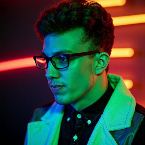 Showcase image for Neon Glow - Prompt: a photo of me MAN bathed in the vibrant glow of neon lights, medium close-up, stylish outfit, reflecting a futuristic nightlife feel. MAN looking cool and modern.