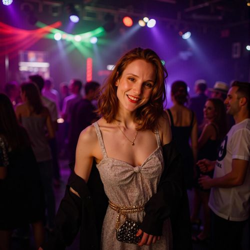 Showcase image for Club Scene Star - Prompt: a photo of me WOMAN in stylish club attire, medium shot, with a blurred background of a bustling nightclub, colorful lights. WOMAN looking energetic and ready to dance.