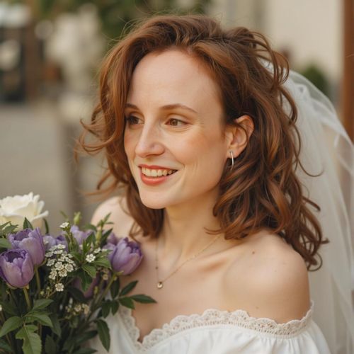 Showcase image for Romantic Moments - Prompt: a photo of me WOMAN on their wedding day, medium close-up, a soft, loving expression as if looking at their partner off-camera. WOMAN with eyes full of adoration.