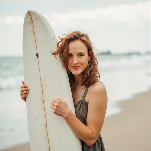 Showcase image for Coastal Adventure - Prompt: a photo of me WOMAN posing with a surfboard on the beach, medium shot, ready for the waves, sunny beach background. WOMAN looking confident.