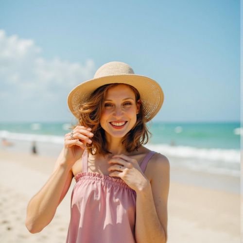 a photo of me WOMAN on a sunny beach, medium shot, candid laugh, looking approachable and fun, perfect for a dating profile. WOMAN looking slightly off-camera.