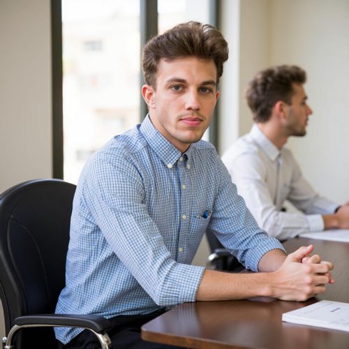 Showcase image for Meeting Ready - Prompt: a photo of me MAN seated at a conference table in a modern meeting room, medium shot, looking attentive. MAN making professional eye contact.