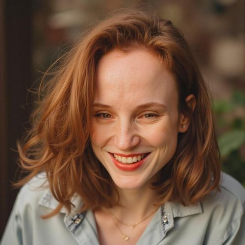 a photo of me WOMAN with a big, genuine smile, close-up yearbook headshot, capturing a joyful expression. WOMAN eyes sparkling with happiness.