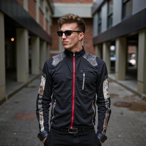 Showcase image for High-Tech Low-Life - Prompt: a photo of me MAN in worn, but stylish futuristic clothes, half body shot, in a gritty, urban environment. MAN looking like a survivor.